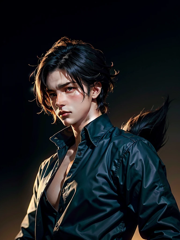 1 manly man, bar background simple background, delicate eyes, man with long blue wolf cut hair, red eye, wearing black shirt, dynamic lighting, dynamic effect, cinematic light, Best quality, highly detailed, masterpiece, ultra detailed, waist up, daddy, Sylus style