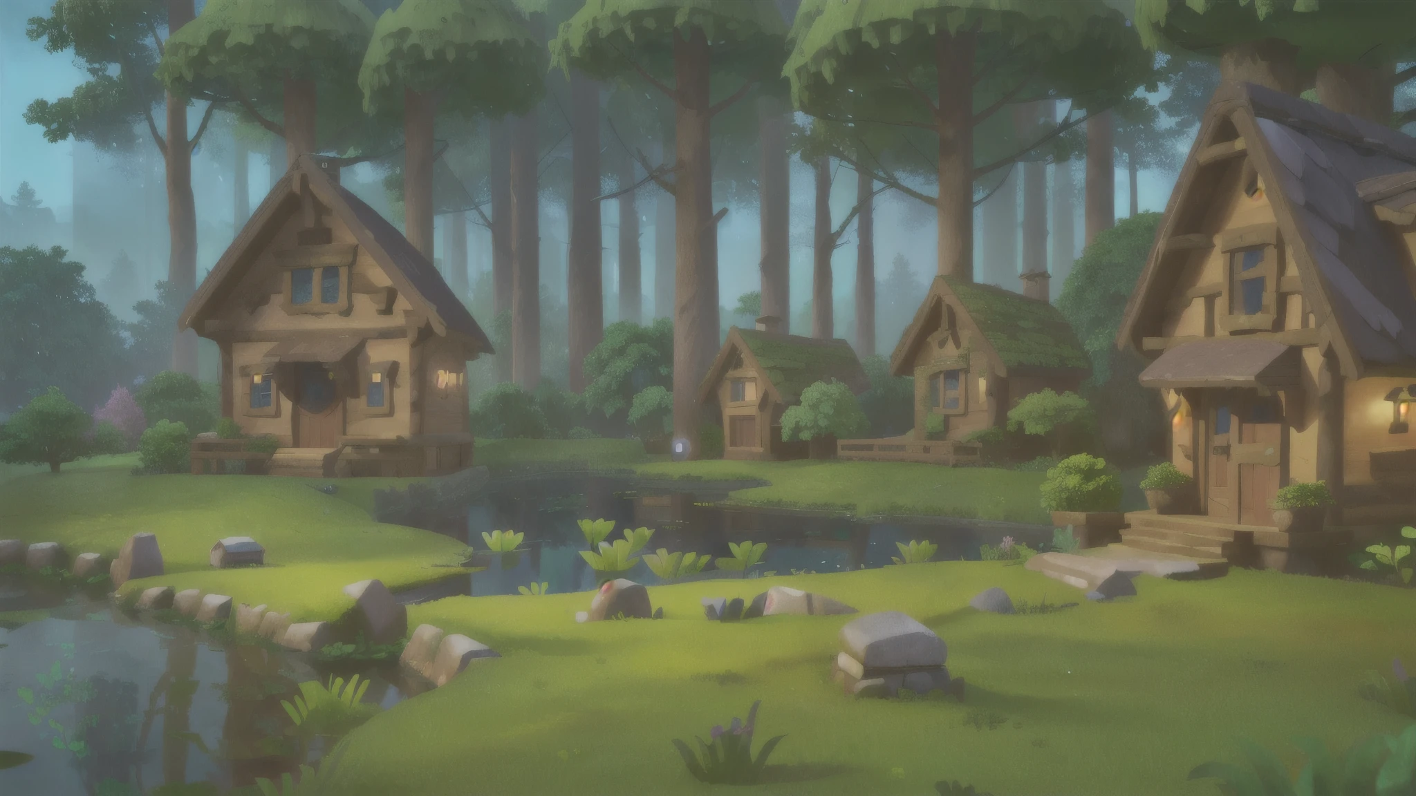 Cartoon illustration of a small house with a pond in the woods, mobile Game Background, 3D Game Art Background, 3d Game Background, Elf forest background, background technology, Distant village background, Game Background, videoGame Background, 3D game environment design, Magical forest background, Woodland Background, Forest punk background, background technologywork, Woodland Background, Night village background