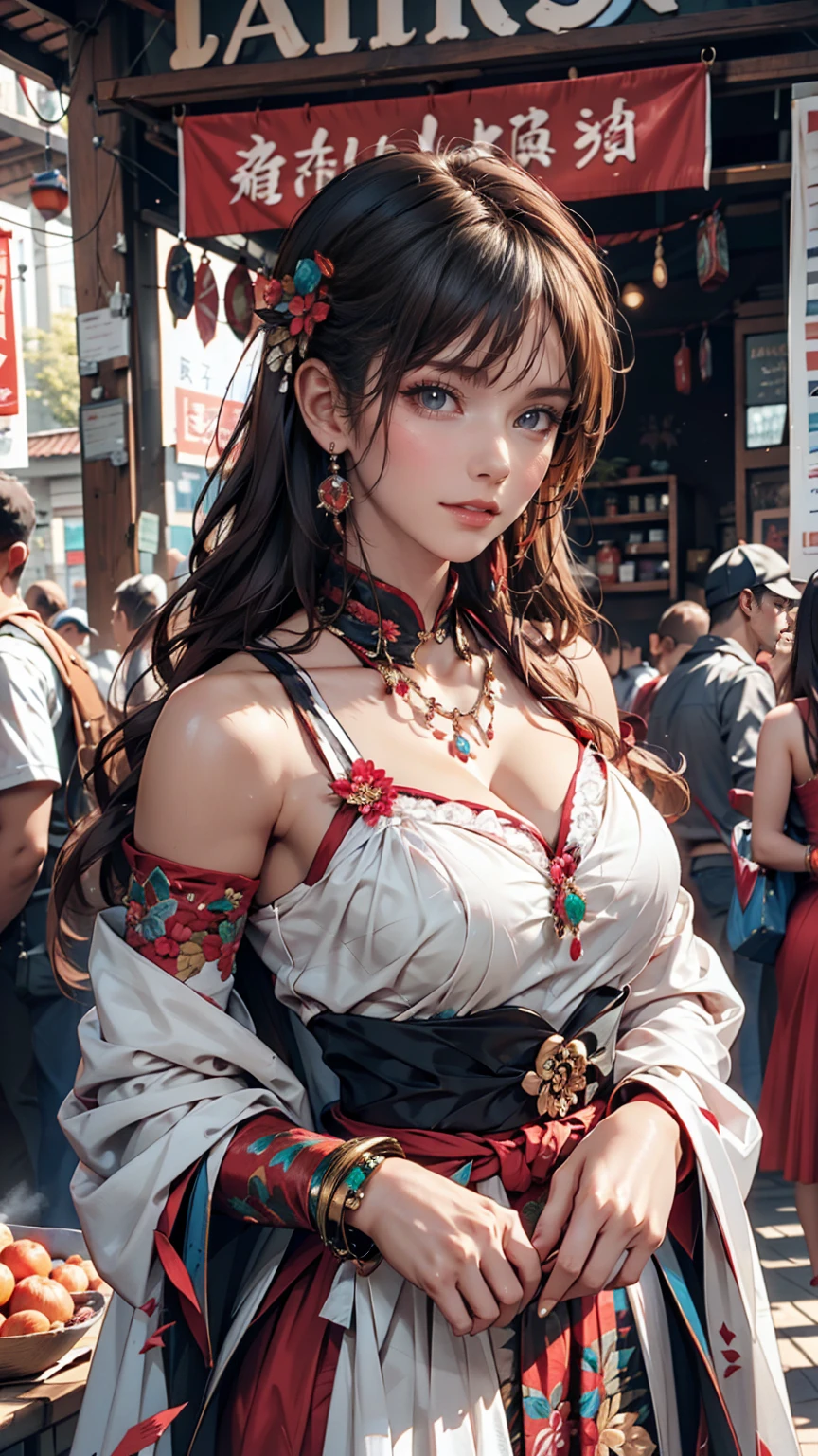 Models dressed in exotic fashion。Brightly colored traditional ethnic dresses、Decorative jewelry on hands、The market scene in the background