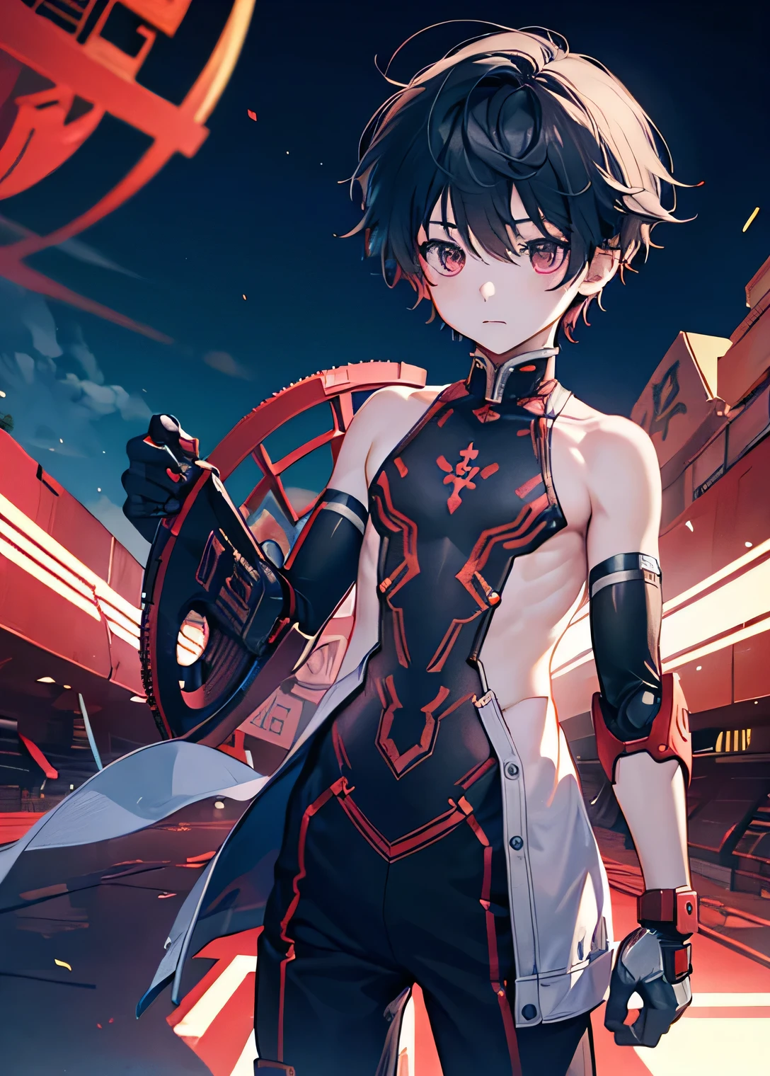 ,Shota,Boys,There are no clothes on the upper body,Barefoot,Robotic Arm,Mecha Style,Red Mecha,outdoor,HD,4K,nude