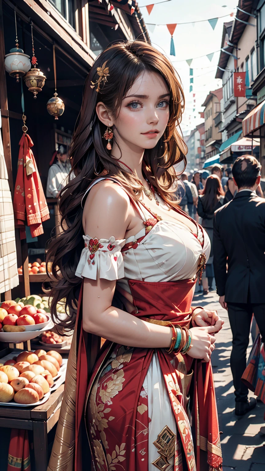 Models dressed in exotic fashion。Brightly colored traditional ethnic dresses、Decorative jewelry on hands、The market scene in the background