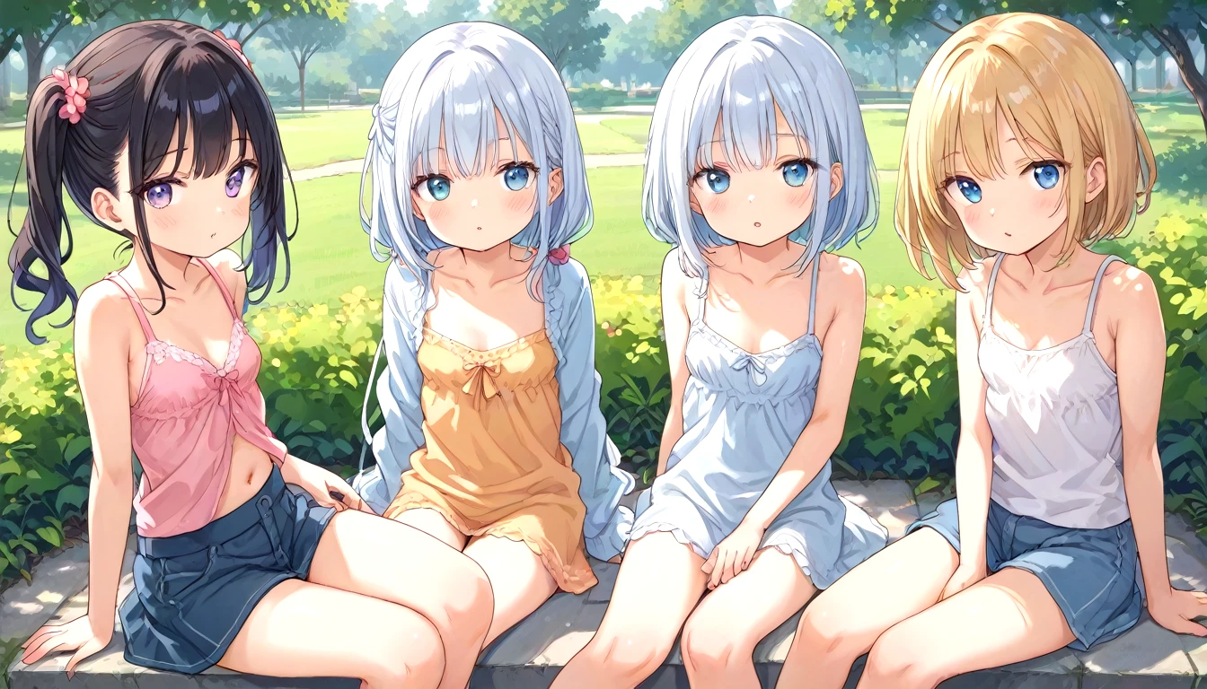 score_9, 1girl, (diverse facial features:1.2), cleavage, clothes lift, small breasts, sitting, on side, skinny, looking at viewer, parted lips, (expressive eyes:1.2), park, outdoors