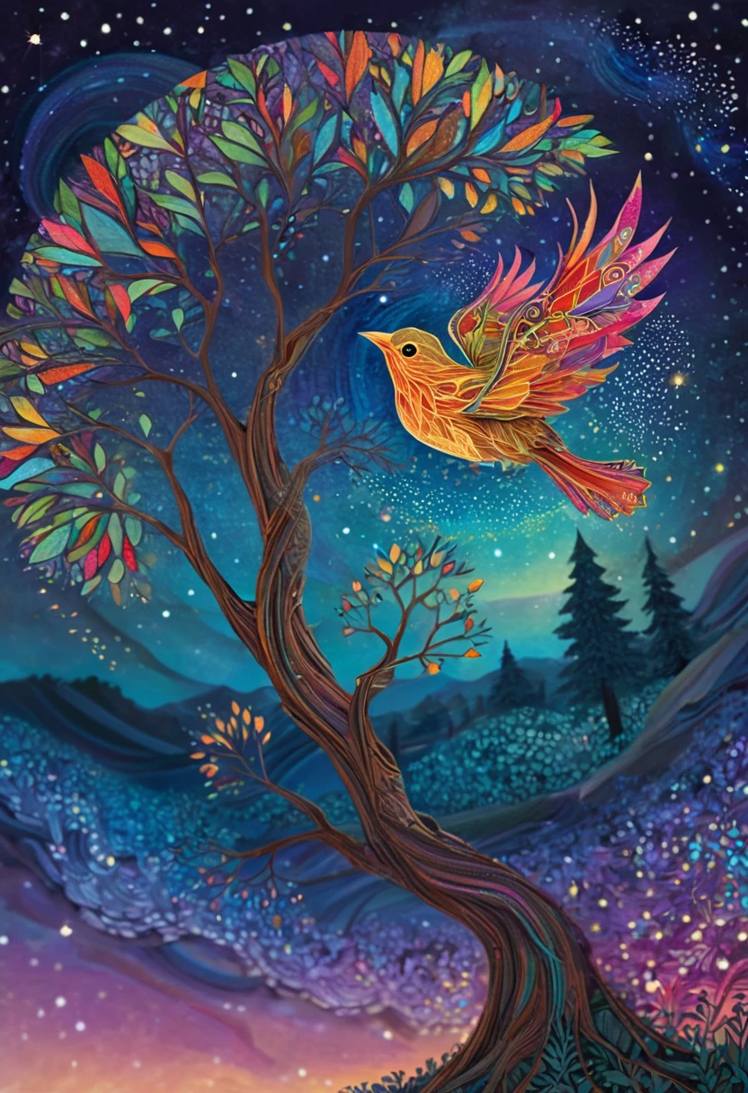 A  bird, abnormally fat, falls from its nest located in a tree. The chick plummeting through the air in a forest under a starry sky. The scene is depicted with intricate zentangle details, resembling origami. The artwork evokes a cinematic, emotional, and epic atmosphere. The colors showcase a vibrant and vivid palette, and the lighting creates a dramatic effect, casting shadows and illuminating the surroundings. The resulting image is of the best quality, ensuring high-resolution details and a masterpiece-worthy outcome. A colorful galaxy behind