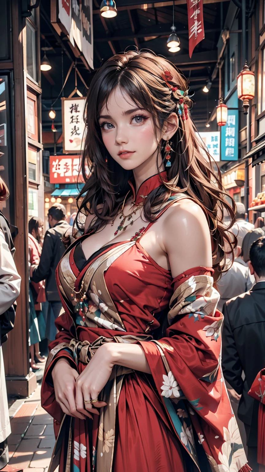 Models dressed in exotic fashion。Brightly colored traditional ethnic dresses、Decorative jewelry on hands、The market scene in the background