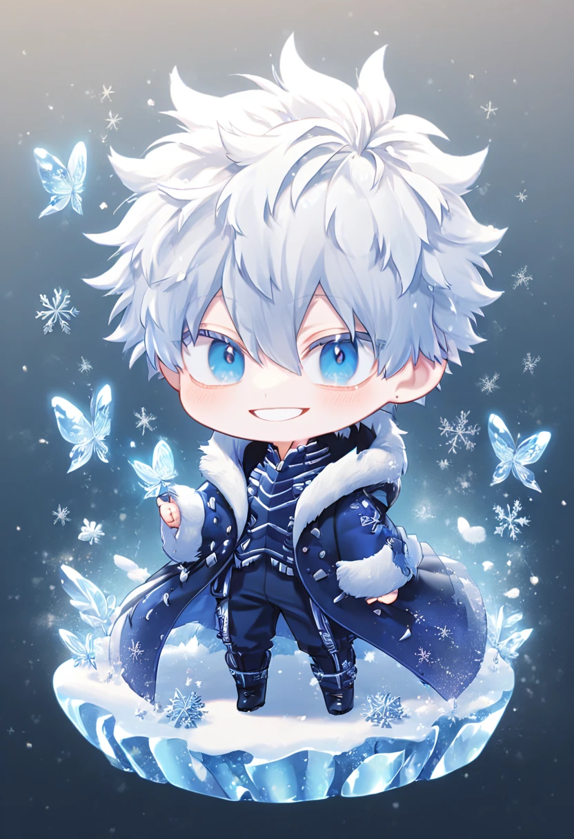 absurdres, highres, ultra detailed, HDR, master piece, best quality, extremely detailed face, delicated features, Gojou Satoru chibi, white hair, messy hair, hair between the eyes, expressive blue eyes, white eyelashes, Boku No Hero Academia, solo, cute, smiling, blue jacket with fur, black coat, fantasy, magical, ice, snow, ice butterflies, snowflakes, ice flowers