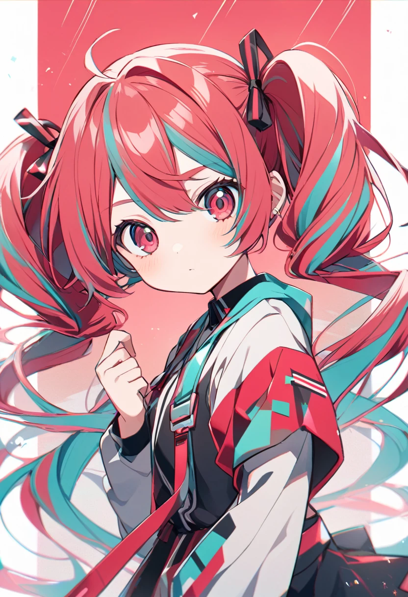 Soft lines,  kasane teto-vocaloid, Expressionless, Pastei red hair, (((short))) twintail, big twin drill hair, Pastel red eyes,  Hatsune Miku&#39;s clothes、Smile, White Background