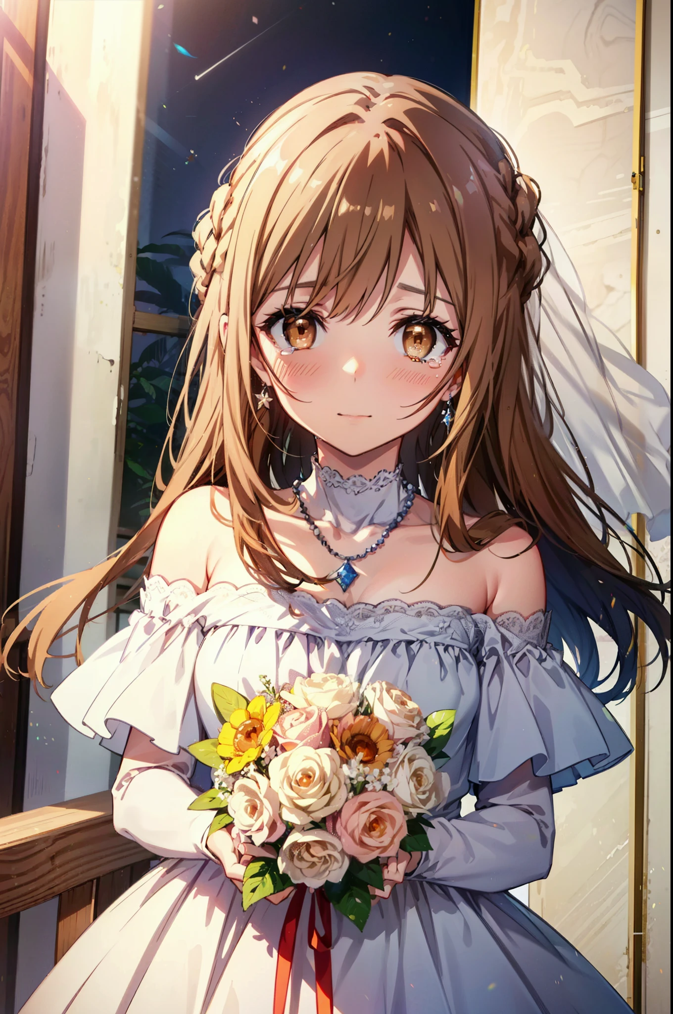 a sun ayuuki, a sun a yuuki, Long Hair, Brown Hair, (Brown eyes:1.8),smile,blush,Off-the-shoulder wedding dresses,necklace,Wedding Skirts,Holding a bouquet in both hands,Clear skies,Tears stream down her face,Tears of joy,I cry a lot,Flower storm,whole bodyがイラストに入るように,
break indoors, Chapel,教会
break looking at viewer, whole body,(Cowboy Shot:1.5),
break (masterpiece:1.2), Highest quality, High resolution, unity 8k wallpaper, (figure:0.8), (Beautiful attention to detail:1.6), Highly detailed face, Perfect lighting, Highly detailed CG, (Perfect hands, Perfect Anatomy),