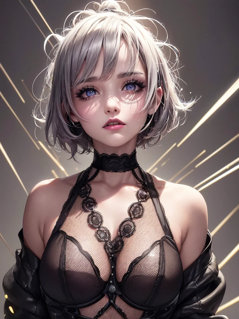 (Obra maestra:1.2), Mejor calidad, (illustration:1.2), (ultra detallado), hiper detalles, (delicado detallado), (detalles intrincados), (cinematic light, Mejor calidad Backlights), Delete line, solista, Cuerpo perfecto, (1 chica), In the style of Tim Burton, a hyper realism hd vintage gothic anime girl, a punk rock creature, long lashed eyes speckled with silver, cheeks flushed with colour, dark lips slightly parted, high cheekbones, surrounded by flecks of electrical sparks, (constituir), alto contraste, (mejor iluminacion, un extremadamente creado y hermoso), (cinematic light), vistoso,