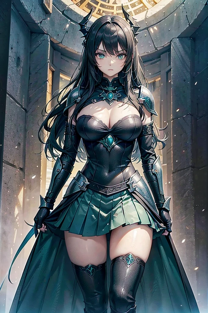 A young 18 year old warrior, 180 cm tall, with a muscular and defined physique. She has broad shoulders, 95cm bust, 70 cm waist, 100 cm hips and 60 cm thighs. Your hair is long, black and wavy, cascading down to the waist, with bright emerald green eyes. Your skin is clear and luminous. She wears imposing armor made from the spoils of the Supreme Dragon God., combining elements of black flames and radiant light. The armor is intricately detailed, with glowing runes and parts that look almost alive, emanating power. She holds a mighty bow, enhanced with the same magic as your armor. The scene is at dusk, with a golden light illuminating the mountain landscape in the background