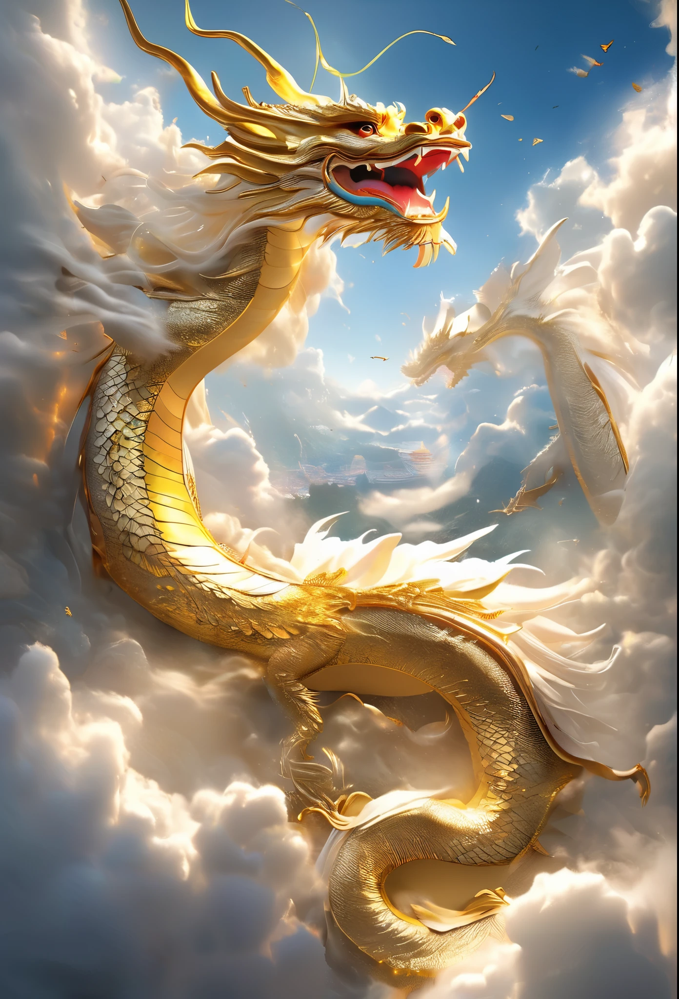 A dragon rising from the sea of clouds、Carrying great happiness、Huge golden body、Have a look at this、Perfect lighting、High definition、high resolution、High color rendering、High resolution、Surreal、Photorealistic