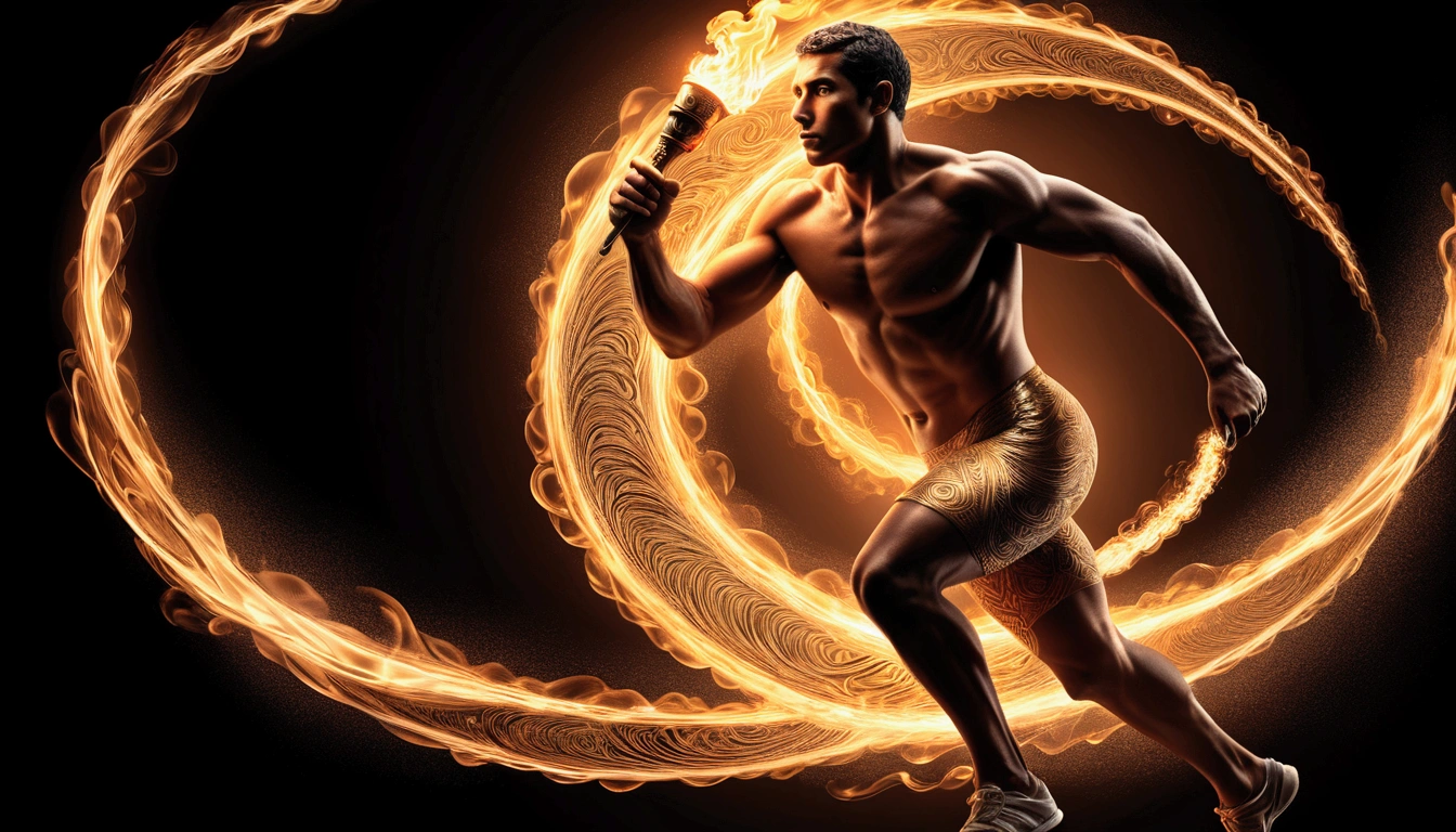 photoillustration of under exposure , an ancient Olympic athlete running with a torch in the hand(torch in hand 1.8)), seamless, light up eyes, texture and pattern, transparency effect, iconic running stance, holding a torch, dramatic shadows, dramatic lights, interlacing elements, front view, fantasy art, two tones, digital manipulated photo art, hyper-realistic, ultra-detailed, crisp clarity, high-contrast, luminous ambiance, rich textures, intricate patterns, vivid colors, cinematic lighting, photo realistic, accurate anatomical proportions, light-trail background