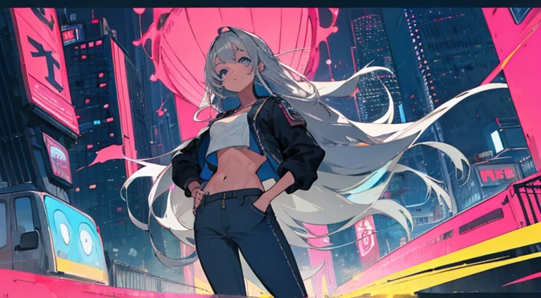 Better Quality, 4K Wallpaper, first work, Highly detailed CG uniform wallpaper 8k, Highly detailed eyes, Ultra-detailed, Intricate details, One girl, Retro art style, Neon Art Style_pop, public, Outdoor, road signs, city,Long Hair, Gray Hair, blue eyes, Cropped Pret, pants, Put your hands in your pockets, Bare Belly, Belly and abdomen,Look at the viewers,Cold look, Hair down to the butt,( Gray Hair)