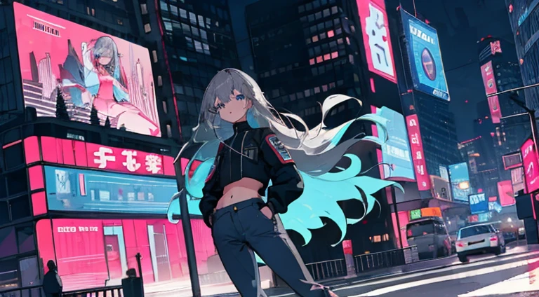 Better Quality, 4K Wallpaper, first work, Highly detailed CG uniform wallpaper 8k, Highly detailed eyes, Ultra-detailed, Intricate details, One girl, Retro art style, Neon Art Style_pop, public, Outdoor, road signs, city,Long Hair, Gray Hair, blue eyes, Cropped Pret, pants, Put your hands in your pockets, Bare Belly, Belly and abdomen,Look at the viewers,Cold look, Hair down to the butt,( Gray Hair)