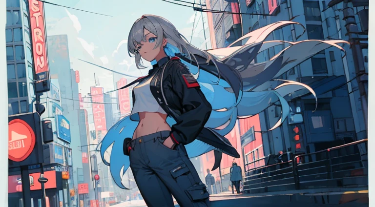 (masterpiece, best quality, absurdres), 1girl, solo, solofocus, white hair, long hair, black clothing, streetwear, cyberpunk, neon lights, day, sunlight, cityscape, blue eyes, american flag, super closeup, japanese flag, billboards, white clothing, blue clothing, palm trees, san francisco, russian flag, medium breasts, skirt, upskirt