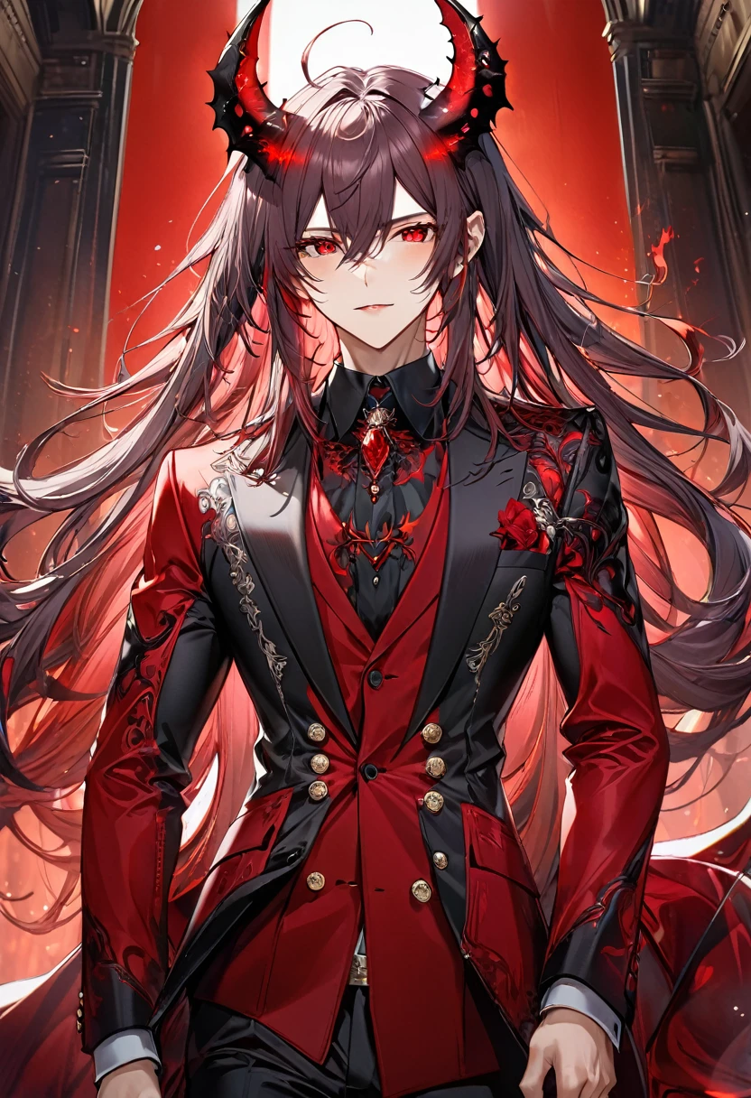 (Demon Lord style), (Tall and strong body), (frontal, solo:2, 656 yo, cool detailed straight hair long hair demon load Gentleman, best cool detailed red eyes, body with beauty detailed red aura:1.4), in a demon load gentleman suit, break, in the Audience Chamber, BREAK, perfect anatomy, masterpiece, best quality, 16k, beautiful detailed grow, daydreaming expression.