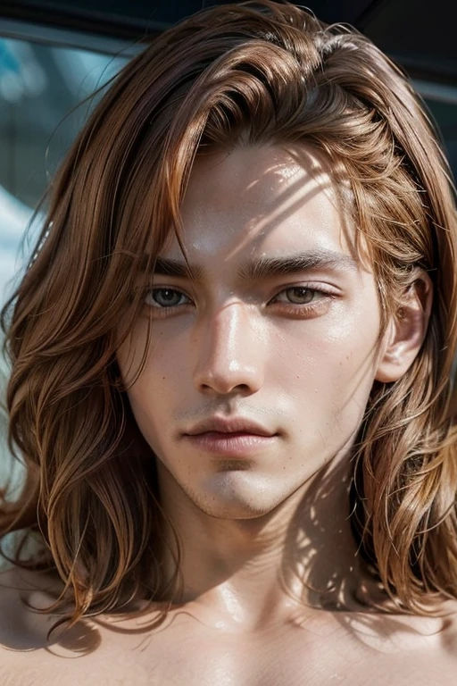 graphic illustration,geometric forms,Closeup of an attractive man, copper wavy hair, eyes the color of honey, of anime,bright colors,an award-winning masterpiece,The details are incredibly detailed,fluidity,clear focus,8k