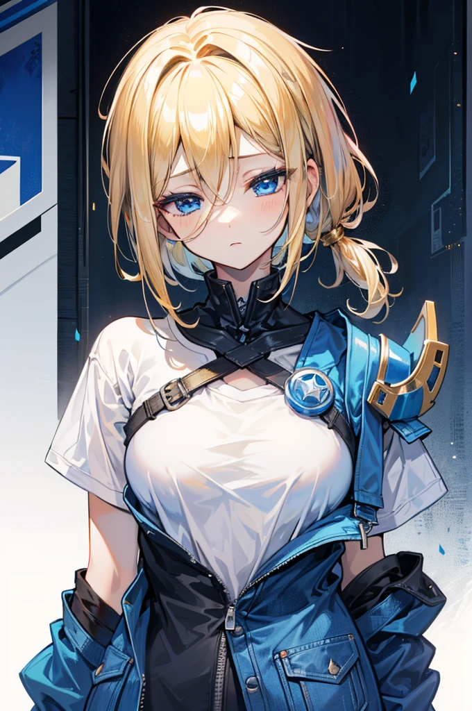 초상화, cyberpunk, 1girl, solo, mature_female, ((golden_hair, short_hair_ponytail, blue_eyes, expression_face, half closed_eyes)), 충직한 기사, a jean jacket over a T-shirt, right shoulder armor