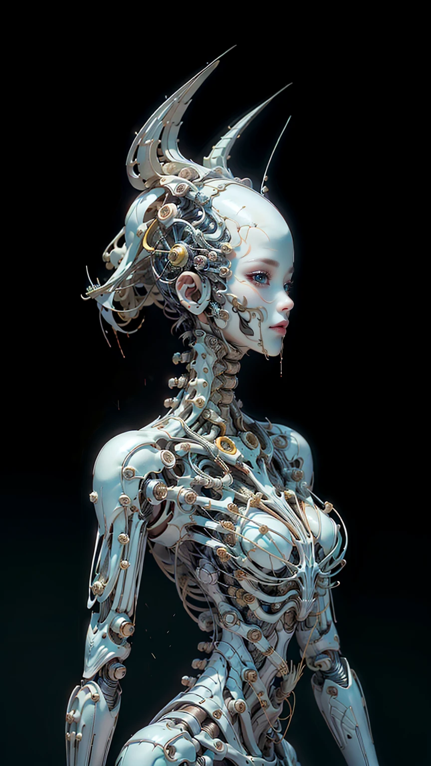 (masterpiece, top quality, Best Quality, official art, beautiful and aesthetic:1.2), (1 girl), half body, extremely detailed,showy,more detailed,((ultra detailed)), (highly detailed CG illustration), ((an extremely delicate and beautiful body)),(from the front),cinematic light,((1 girl mecanica)) beautiful face, Alone, half body,(machine made gaskets:1.2),((mechanical limbs)),(Blood vessels connected to tubes.),(mechanical vertebra attached to the back),((mechanical cervical fixation to the neck)),((dark white and light white,hollow body)),((pure white))