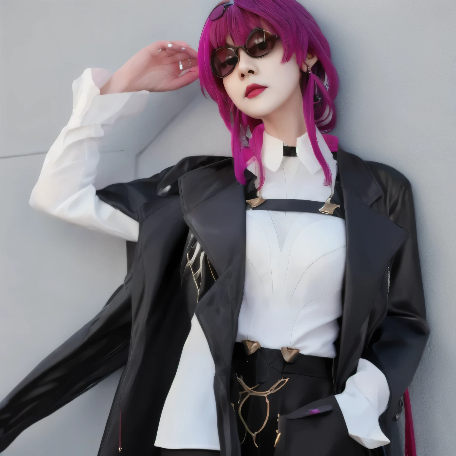 (mature female:1.35), star-kafka, pink hair, eyewear on head, jacket, white shirt, upper body, purple hair, earrings, coat, sunglasses, mature female, best quality, masterpiece, highres, Pov against the wall, no sex, people in the background,