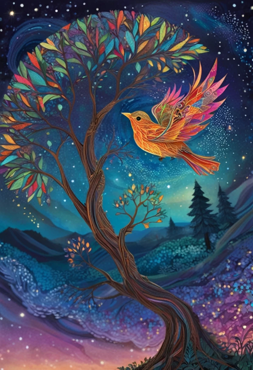 A newborn bird, abnormally fat, falls from its nest located in a tree. The chick plummeting through the air in a forest under a starry sky. The scene is depicted with intricate zentangle details, resembling origami. The artwork evokes a cinematic, emotional, and epic atmosphere. The colors showcase a vibrant and vivid palette, and the lighting creates a dramatic effect, casting shadows and illuminating the surroundings. The resulting image is of the best quality, ensuring high-resolution details and a masterpiece-worthy outcome. A colorful galaxy behind