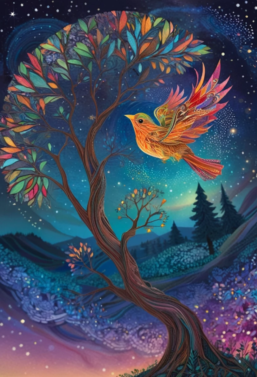 A  bird, abnormally fat, falls from its nest located in a tree. The chick plummeting through the air in a forest under a starry sky. The scene is depicted with intricate zentangle details, resembling origami. The artwork evokes a cinematic, emotional, and epic atmosphere. The colors showcase a vibrant and vivid palette, and the lighting creates a dramatic effect, casting shadows and illuminating the surroundings. The resulting image is of the best quality, ensuring high-resolution details and a masterpiece-worthy outcome. A colorful galaxy behind