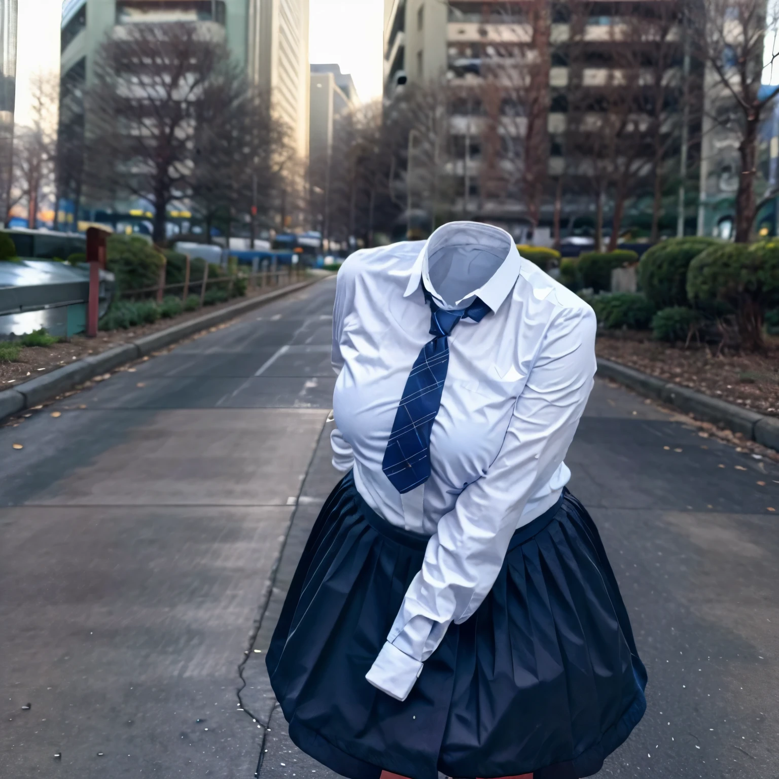 (invisible, no humans:1.7, headless:1.7, handless, legless), skirt, (close-up to breast), cute big breast, fat, chubby,in city,school blazer,stripe tie,leaning forward,
(8k, RAW photo, best quality, masterpiece:1.2), (realistic, photo-realistic:1.37),photon mapping, radiosity, ((Hasselblad photography)),physically-based rendering
