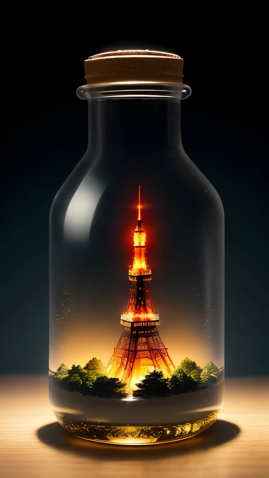 Tokyo Tower in a bottle、Growing from a bottle、Real、Refraction of atmospheric light、Photo by Lee Jeffries、Nikon D850 Film Stock Photos 4 Kodak Portra 400 Camera F1.6 shots、Rich colors、超RealでRealな質感、Dramatic lighting、artstation cinestill 800 でトレンドのアンReal エンジン、Style-Glass