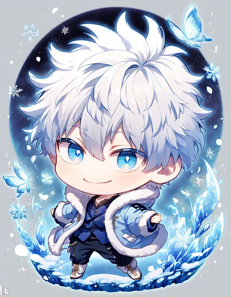 absurdres, highres, ultra detailed, HDR, master piece, best quality, extremely detailed face, delicated features, Gojou Satoru chibi, white hair, messy hair, hair between the eyes, expressive blue eyes, white eyelashes, Boku No Hero Academia, solo, cute, smiling, light-blue jacket with fur, black pants, white boots, fantasy, magical, ice, snow, ice butterflies, snowflakes, ice flowers