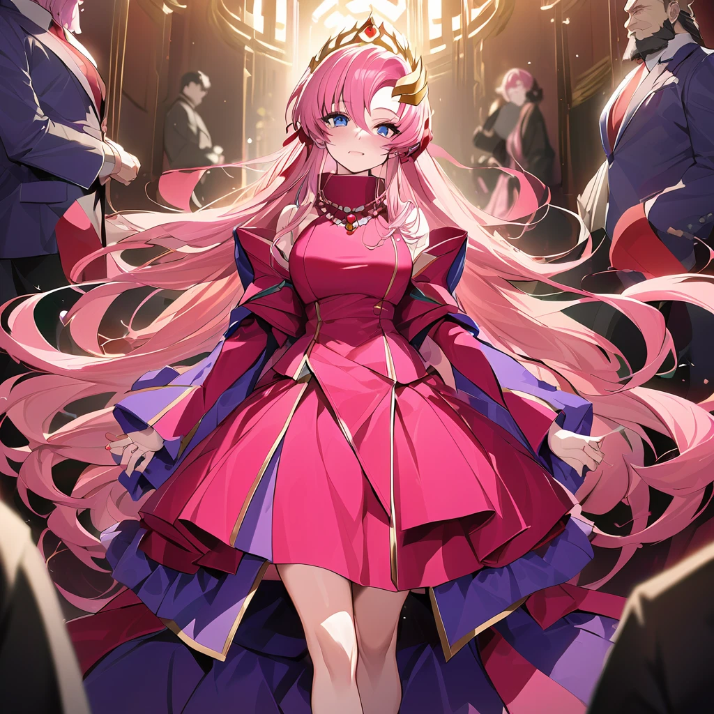 ((Highest quality)), ((masterpiece)), (detailed), (Perfect Face)、The woman is Lacus Clyne, a shrine maiden of the evil god, a saint of darkness, and the wife of the leader of the evil god cult. She has blue eyes, medium-long pink hair, a hair ornament, a gorgeous black shrine maiden outfit of the evil god, an evil god necklace, evil accessories, a gorgeous evil god head chain tiara, and an engagement ring.、The woman is the wife of a middle-aged, bearded cult leader who is revered by a mysterious cult of evil gods.、He is standing at the altar of the Evil God Cult with a mysterious cult leader dressed in luxurious cult leader clothing.