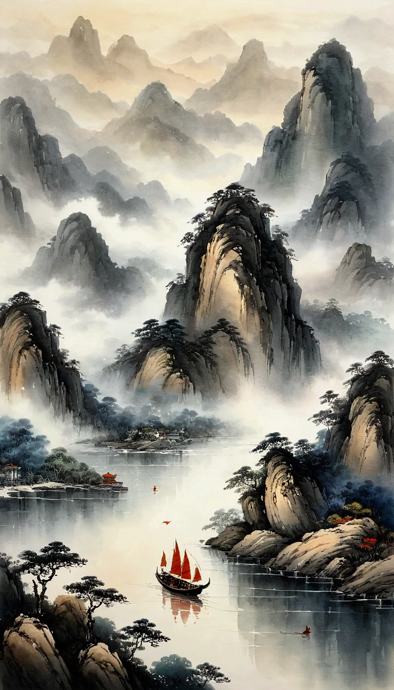 Chinese landscape painting，ink and watercolor painting，water ink，ink，Smudge，Faraway view，Ultra-wide viewing angle，Meticulous，Light boat in the distance，Faraway view，Meticulous，Smudge，Fog，misterious，low-saturation，Low contrast，The light boat has crossed the Ten Thousand Heavy Mountains，Beautifully depicted，A detailed，acurate，Works of masters，tmasterpiece