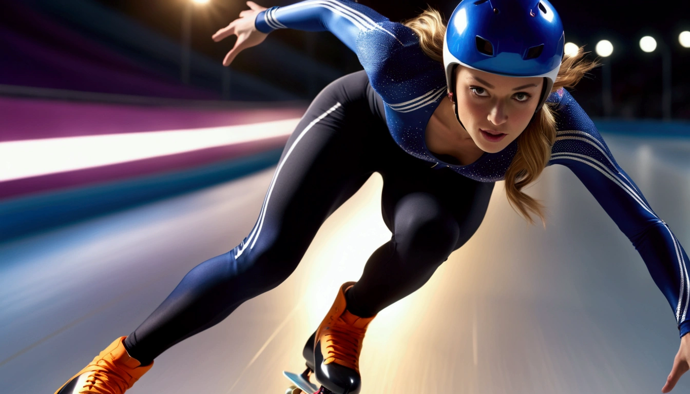 a female skater sliding in the speed of light, sprinting, speed light trail behind, close up, iconic sliding stance, Olympic outfit, forward to viewer, epic realism, 8k, UHD, dramatic light