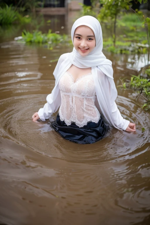 ((best quality)), ((masterpiece)), (detailed), perfect face, young girl, wearing hijab,(top-quality、4K、masterpiece : 1.3)、Beautuful Women、1 personreastsout、the perfect body : 1.2)、abdominals : 1.1、((Wet with rain、Wet with rain、Wet body : 1.2))、Ultra-detailed face、Detailed lips、A detailed eye、二重まぶた、lightly dressed、Nipple protrusions:1.3、Clothes see-through、Sense of transparency、A smile、(Angle from below)、Frolic Pose、heavy wind、cloudiness, on the river
