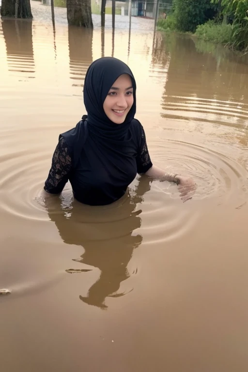 Hijab, 29-year-old mother, very skinny body, small breasts playing in very deep flood water, Playing in flood waters with his 8-year-old daughter short black hair, white lace, smile