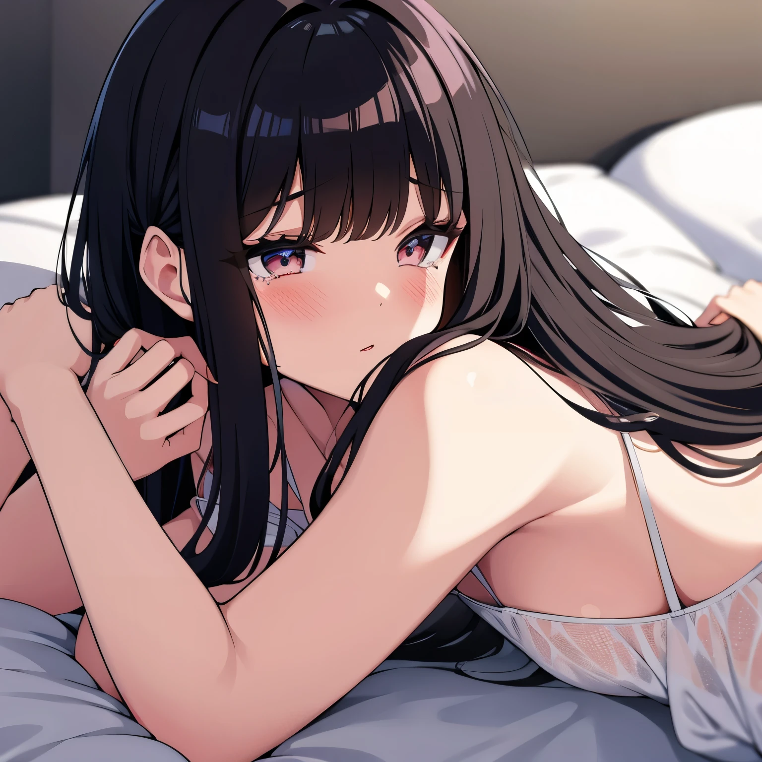 A beautiful woman laying on her back in bed. Shes looking up at the viewer. Laying on back while in the fetal position. her hands resting on her stomach. She wears a nightgown. Her hair is dark brown and her eyes are wet with tears. She has a slight blush on her face. Her chest is small. Full body shot.