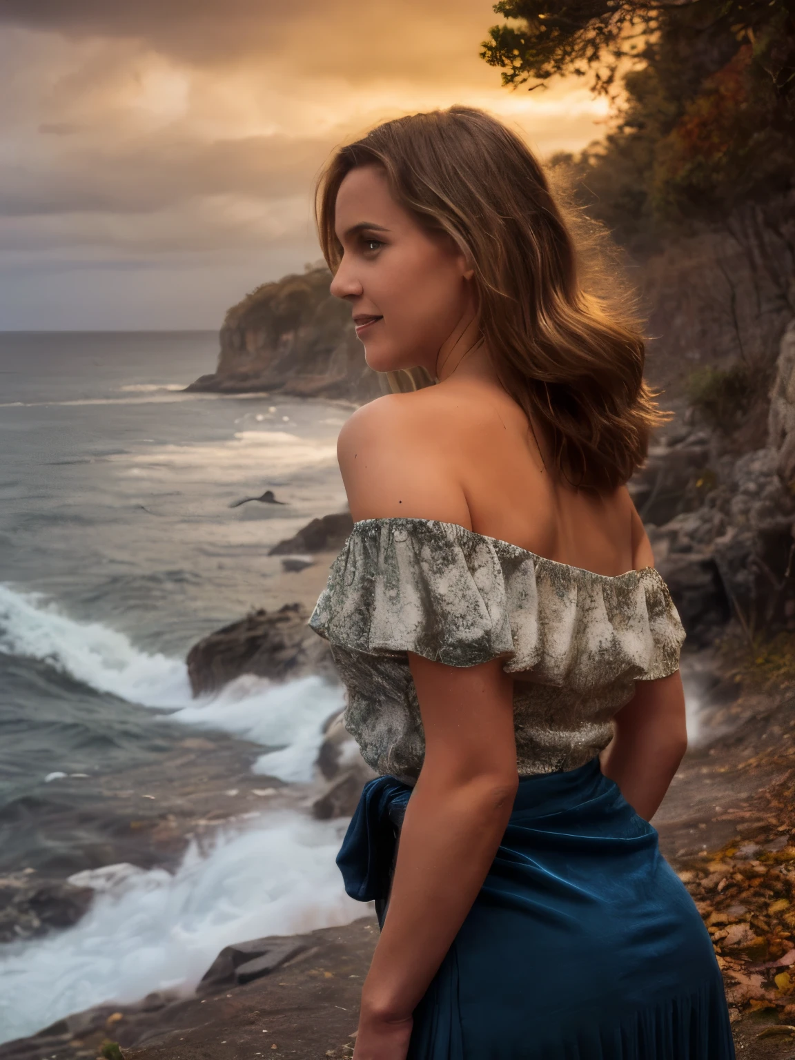A young woman lies gracefully amidst the vibrant yet stormy autumn landscape of Mallorca’s southern coast in the 1870s. The scene is alive with the chaotic beauty of a stormy autumn afternoon. She is adorned in a paisley print off-the-shoulder top and a flowing maxi skirt, each piece distinct in color and texture.
Her off-the-shoulder top features an intricate paisley design in shades of deep emerald green and rich maroon, its fabric made from a soft, textured velvet that contrasts with the stormy backdrop. The skirt is a delicate shade of soft mauve, made from a flowing chiffon that sways gently with the wind, catching the light and emphasizing its elegant drape. Her blond hair, styled in soft waves, is complemented by a buzz-cut at the nape of her neck, with the longer strands catching the autumn light and adding a golden shimmer to her look.
The stormy sky above is a dramatic canvas of dark, brooding clouds illuminated sporadically by flashes of lightning. The colors of the sky shift from dark gray to a deep indigo, with occasional bursts of golden sunlight peeking through the storm clouds. The wind carries a sense of urgency, rustling the foliage and adding movement to the scene.
The landscape around her is a vivid display of autumn's transformation. The ground is carpeted with a rich tapestry of fallen leaves in shades of fiery orange, deep red, and golden yellow. The trees, their branches bending under the weight of the storm, are clad in the final remnants of their autumn foliage, creating a striking contrast against the dark, tempestuous sky.
The coastline is rugged and dramatic, with the churning sea crashing against the rocky shore, sending up sprays of white foam. The distant hills are shrouded in a misty haze, further enhancing the sense of drama and intensity in the scene.
Her expression is one of serene contentment, with a slight smile that reflects her good mood despite the storm. The delicate necklace she wears catches the sporadic light, add