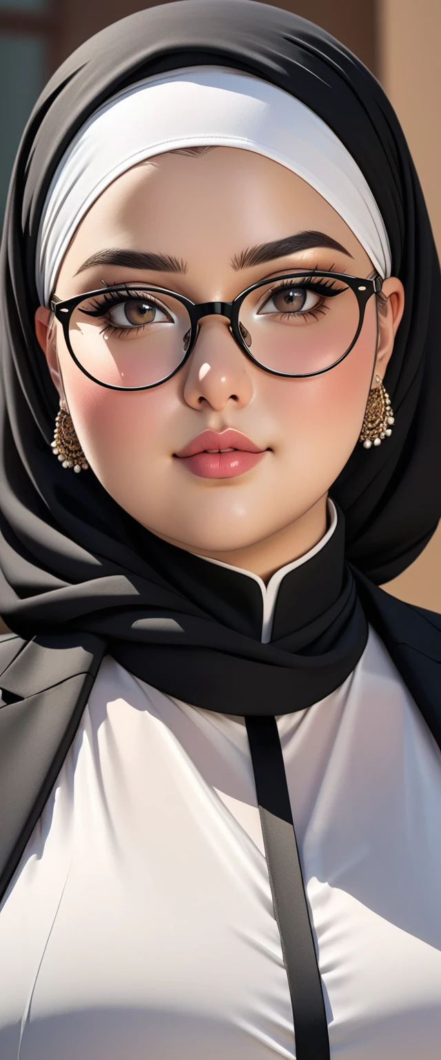 Fat girl wearing a black formal suit with sharp facial features, a mole on her left cheek, wearing a hijab and glasses