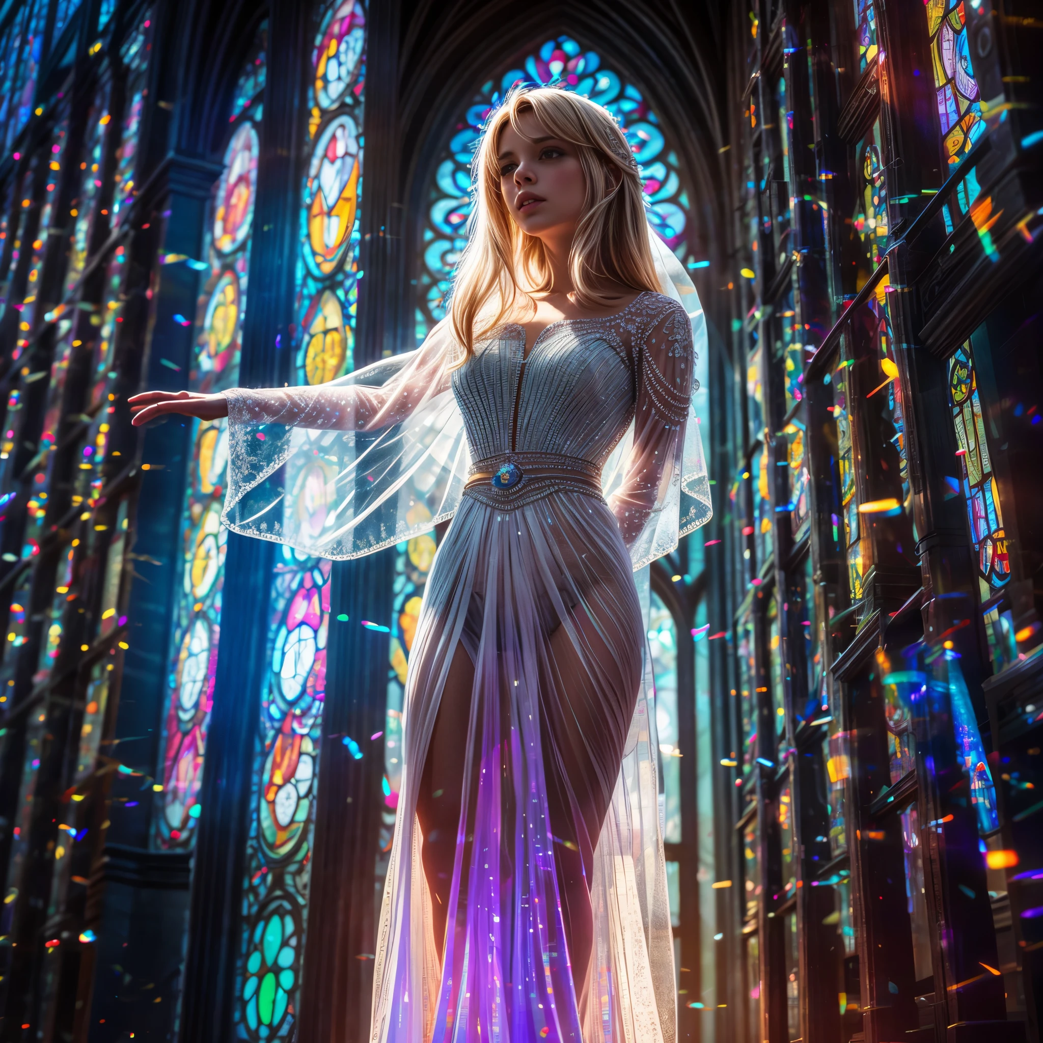  (Cathedral from below:1.28) (ZoomLayer) TopQuality 8K masterpiece of ((Professional photo)), (((Clarisse de Cagliostro))) (Detailed White WeddingDresses), Chain, (((Extremely detailed KAWAII face))) {((VeiledFace))|BlondeHair|(Elaborate BuleEyes)with(SparklingHighlights:1.28)}, The background is distant (((Elaborate stained glass))) Rainbow Glass, {(MysticSight)|EnchantingAtmosphere|Haze|(GodRays)|TyndallEffect}, Radiant PearlSkin with Transparency, (Exposed:0.39)