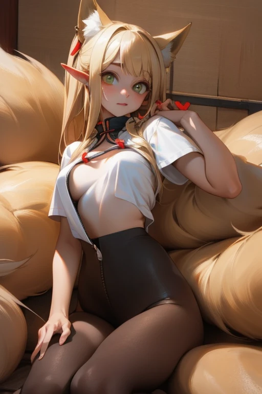 (masterpiece, best quality) detailed, Wearing black tights, Silver Jewelry , The zipper is not closed , Blonde ,elegant, (Fox ears)，Red Eyeshadow, ，Chinese element pattern，thigh，漏出thigh，White shirt