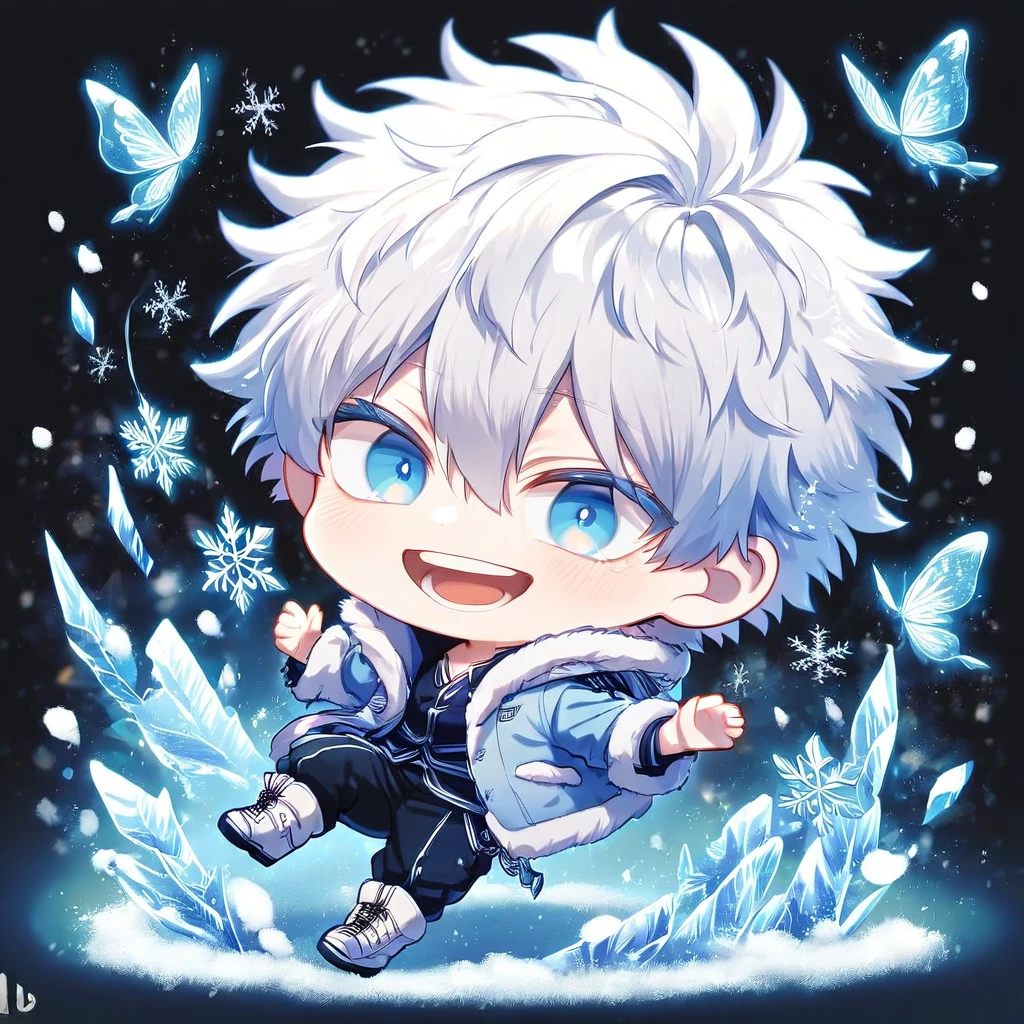 absurdres, highres, ultra detailed, HDR, master piece, best quality, extremely detailed face, delicated features, Gojou Satoru chibi, white hair, messy hair, hair between the eyes, expressive blue eyes, white eyelashes, Boku No Hero Academia, solo, cute, smiling, light-blue jacket with fur, black pants, white boots, fantasy, magical, ice, snow, ice butterflies, snowflakes, ice flowers