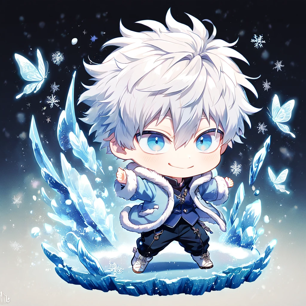 absurdres, highres, ultra detailed, HDR, master piece, best quality, extremely detailed face, delicated features, Gojou Satoru chibi, white hair, messy hair, hair between the eyes, expressive blue eyes, white eyelashes, Boku No Hero Academia, solo, cute, smiling, light-blue jacket with fur, black pants, white boots, fantasy, magical, ice, snow, ice butterflies, snowflakes, ice flowers