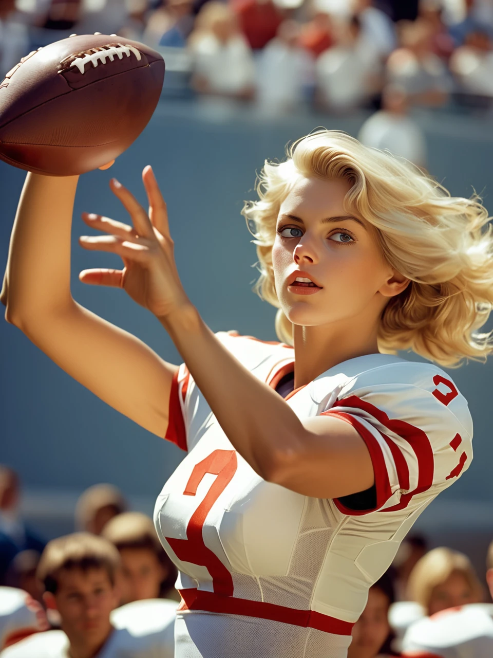 Photo, Closeup of a blonde female quarterback throwing a football, midriff. Style by J.C. Leyendecker, Canon 5d Mark 4, Kodak Ektar, 35mm