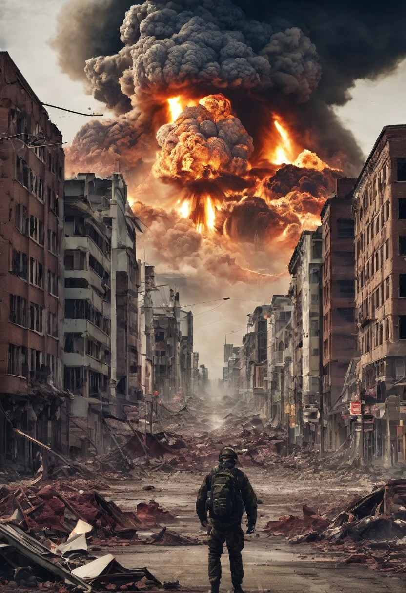 (best quality,4k,8k,highres,masterpiece:1.2),ultra-detailed,(realistic,photorealistic,photo-realistic:1.37),nuclear explosion in metropolis,horrifyingly vibrant color scheme,devastatingly detailed destruction,glowing mushroom cloud towering over the city,surreal and apocalyptic atmosphere,detailed wreckage of collapsing buildings,thick smoke and debris filling the air,panicked and terrified crowd running in the streets of the city,blinding and dynamic light effects,burning fires engulfing the metropolis,shattered glass and crumbling infrastructure,ominous and darkened cityscape,chaos and destruction in every corner,desolated and desolate streets,ruined and dilapidated vehicles,surge of energy and shockwave spreading from the epicenter,lit signs and billboards flickering amidst the chaos,rays of light cutting through the thick smoke,city skyline distorted and crumbling,scorch marks and traces of radiation,ominous and foreboding shadows amidst the chaos,broken power lines and fallen poles,streets engulfed in cracks and fissures,shattered remnants of once bustling life,desperate attempts to escape the devastation,flickering streetlights casting eerie illumination,ominous silence broken only by distant sirens and cries,hazy and suffocating atmosphere,abandoned and overturned vehicles,shadows of figures desperately seeking safety,impending sense of doom and irreversible destruction, big disaster everywhere, the end of the world on indonesia