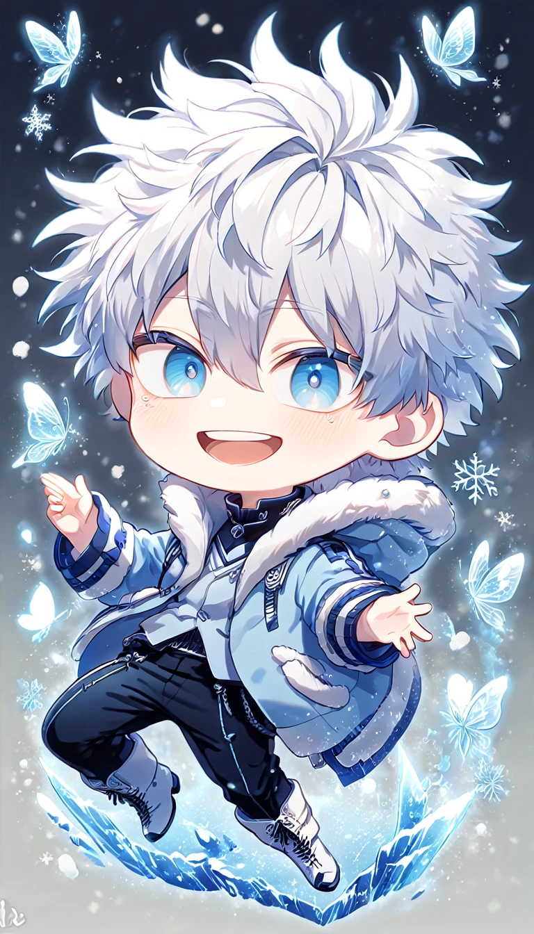 absurdres, highres, ultra detailed, HDR, master piece, best quality, extremely detailed face, delicated features, Gojou Satoru chibi, white hair, messy hair, hair between the eyes, expressive blue eyes, white eyelashes, Boku No Hero Academia, solo, cute, smiling, light-blue jacket with fur, black pants, white boots, fantasy, magical, ice, snow, ice butterflies, snowflakes, ice flowers