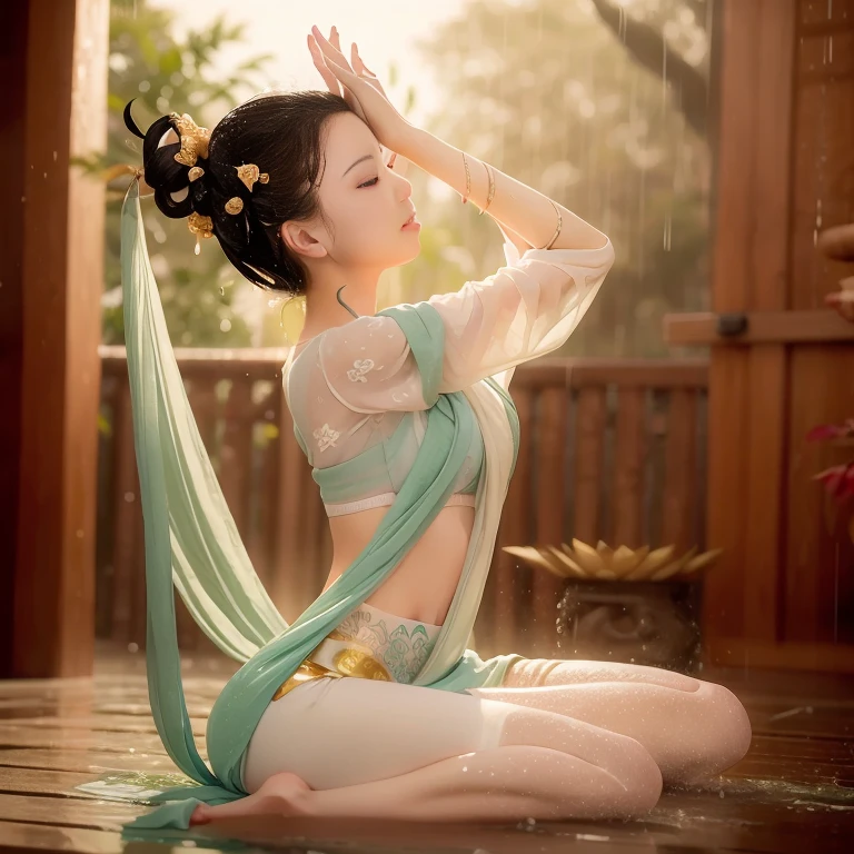 Sexy Zen Kannon，Do yoga lotus sitting meditation in a rain of milky ，（complete，Delicate and good-looking face），The whole body is drenched in