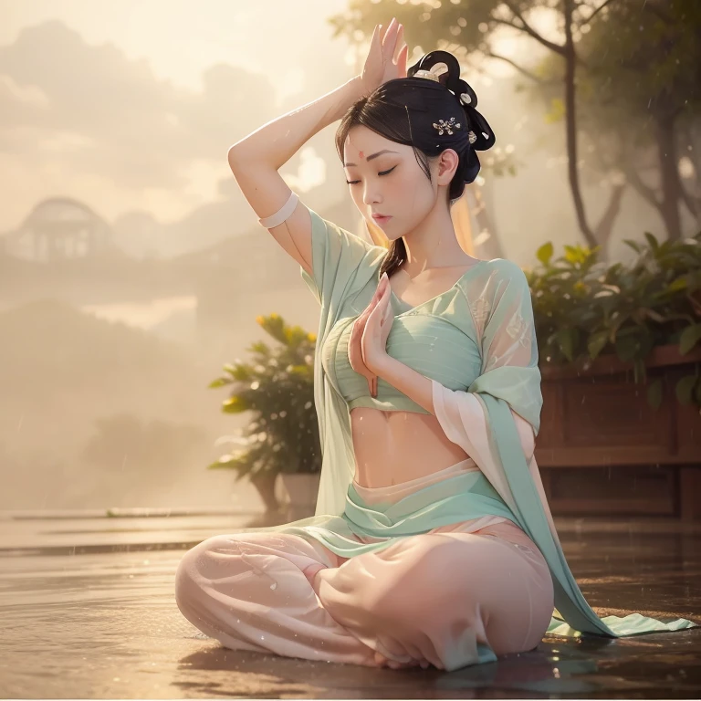 Zen beauty sweating profusely while doing yoga lotus meditation in the rain ,(Complete, Delicate and good-looking face),Full body bathing