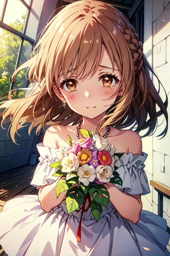 a sun ayuuki, a sun a yuuki, Long Hair, Brown Hair, (Brown eyes:1.8),smile,blush,Off-the-shoulder wedding dresses,necklace,Wedding Skirts,Holding a bouquet in both hands,Clear skies,Tears stream down her face,Tears of joy,I cry a lot,Flower storm,whole bodyがイラストに入るように,
break indoors, Chapel,教会
break looking at viewer, whole body,(Cowboy Shot:1.5),
break (masterpiece:1.2), Highest quality, High resolution, unity 8k wallpaper, (figure:0.8), (Beautiful attention to detail:1.6), Highly detailed face, Perfect lighting, Highly detailed CG, (Perfect hands, Perfect Anatomy),