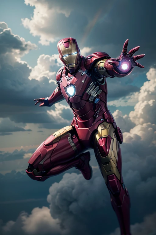 Create a highly detailed, cinematic-quality image of Iron Man flying among the clouds. The image should capture the dramatic and dynamic movement of Iron Man, with rainbow-colored exhaust coming out of his thrusters. The scene should be vibrant and full of rich, vivid colors, with realistic lighting and shadows to enhance the cinematic feel. The background should feature a beautiful sky with fluffy clouds, and the focus should be on Iron Man's powerful and sleek armor as he soars through the air.