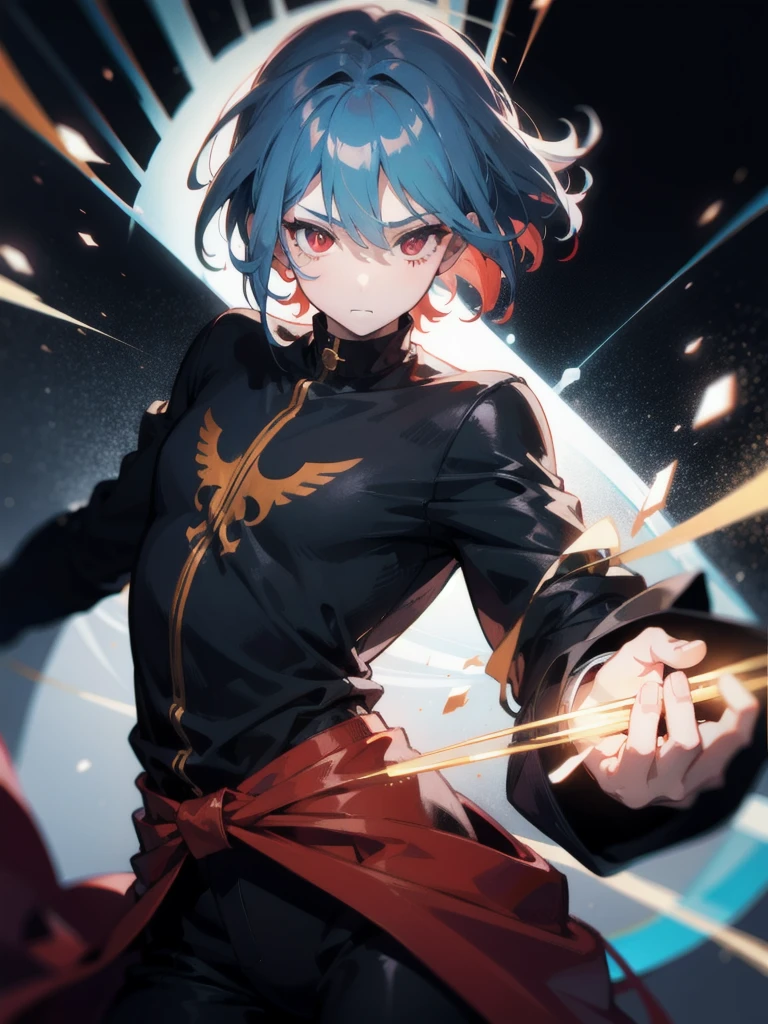 1 boy, medium long blue light hair, red eye, wearing black shirt, dynamic lighting, dynamic effect, cinematic light, Best quality, highly detailed, masterpiece, ultra detailed, waist up, anime