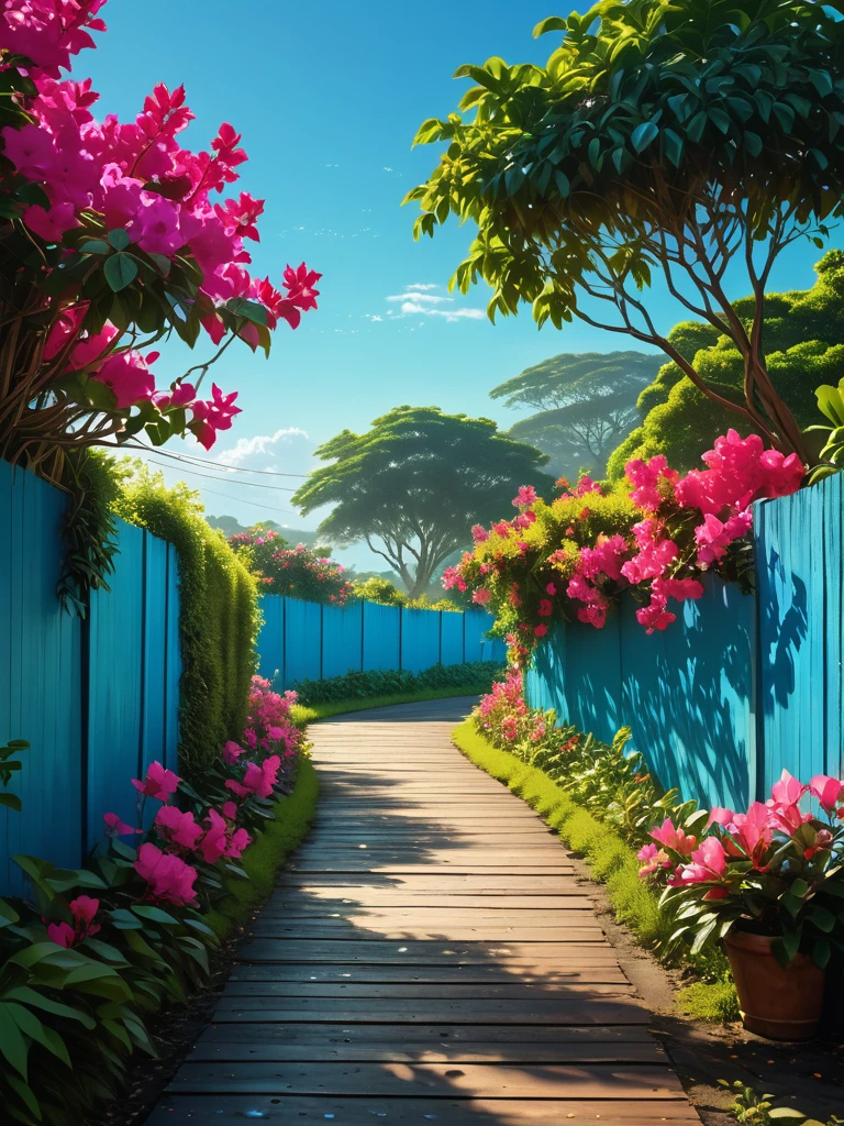 (masterpiece:1), (wide view:1.5), (a narrow lane of trees flowers and bushes:1.6), (lo-fi vibe:1.3), (dense greenery all around:1.5), (nature:1.3), silence, (reflection:1.4), (blue vast wide open sky:1.5), (soft glow of vibrant nature tones:1.4), magnificent sky, (volumetric light:1.2), peaceful, (after rain scene:1.5), (long grass:1.3), (colorful Bougainville flowers on walls:1.3), (wooden fencing:1.5), (tropical plants:1.4), (beautiful aesthetics:1.2), (untouced beauty:1.4), beautiful tones, subtle colors, peaceful, (illustration: 1.0), epic composition, realistic lighting, (no human:1.6), HD details, masterpiece, best quality, ,