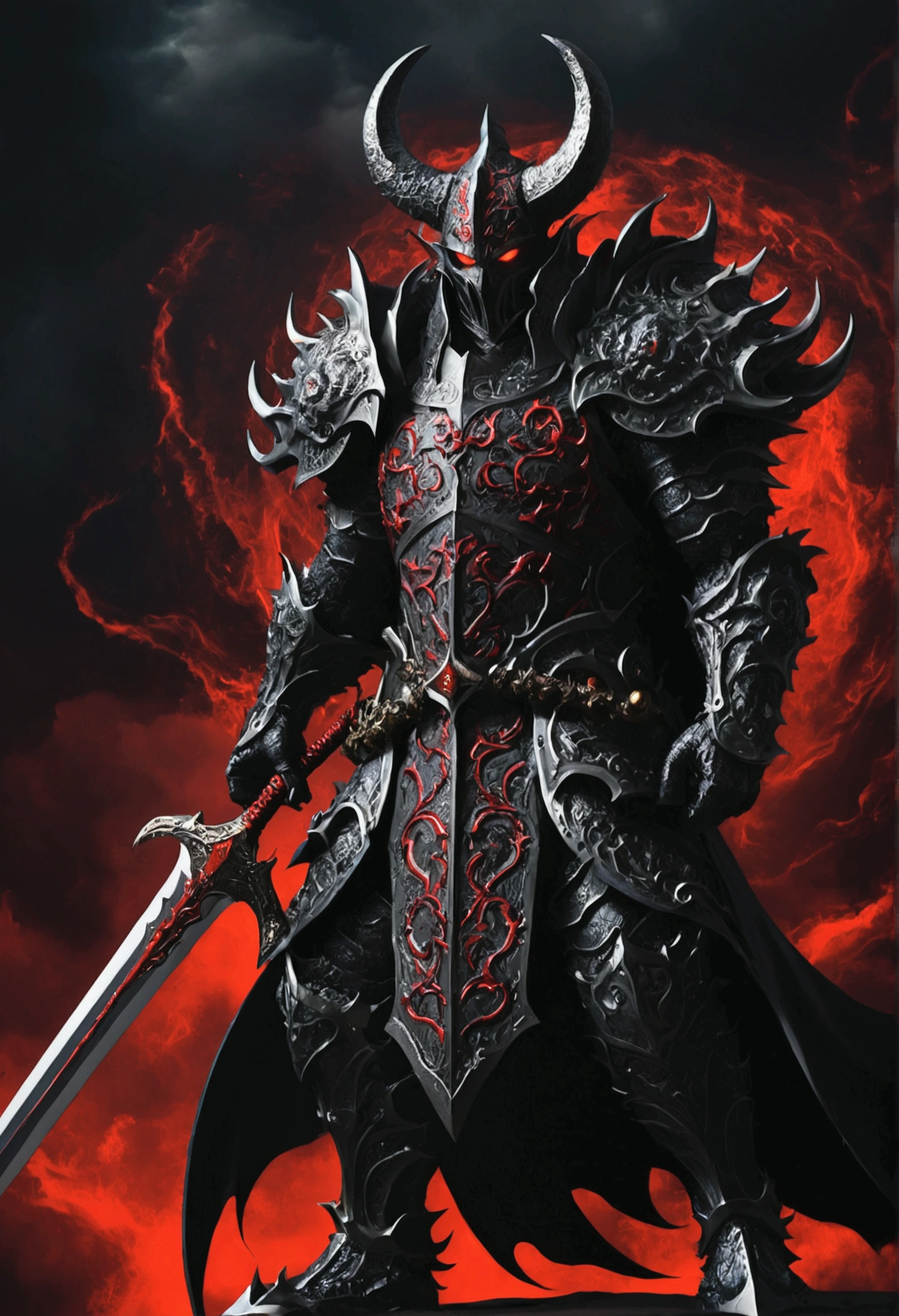 (Detailed black demonic greatsword style similar to the seven deadly sins,With red details),painting,Dark and atmospheric,heavily clouded,High contrast,Strong shadows,Main Part:1.2,Bright colors,Detailed armor and weapons,Intense colors,Turbulent dark abstract background, png without background, Just a sword